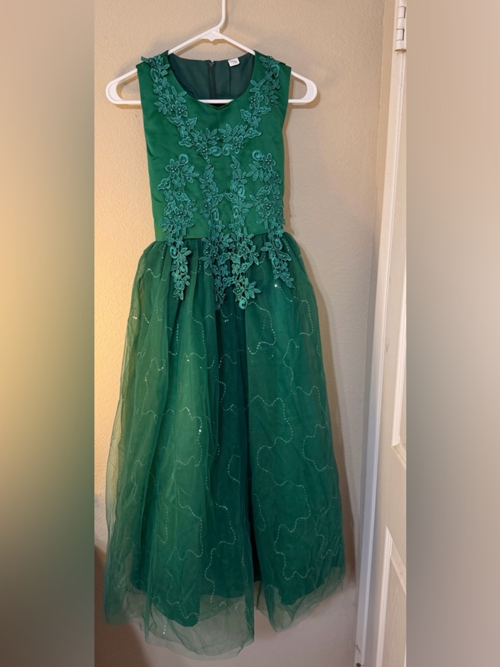 Source Unknown Emerald Green Floral Appliqué Tulle Dress